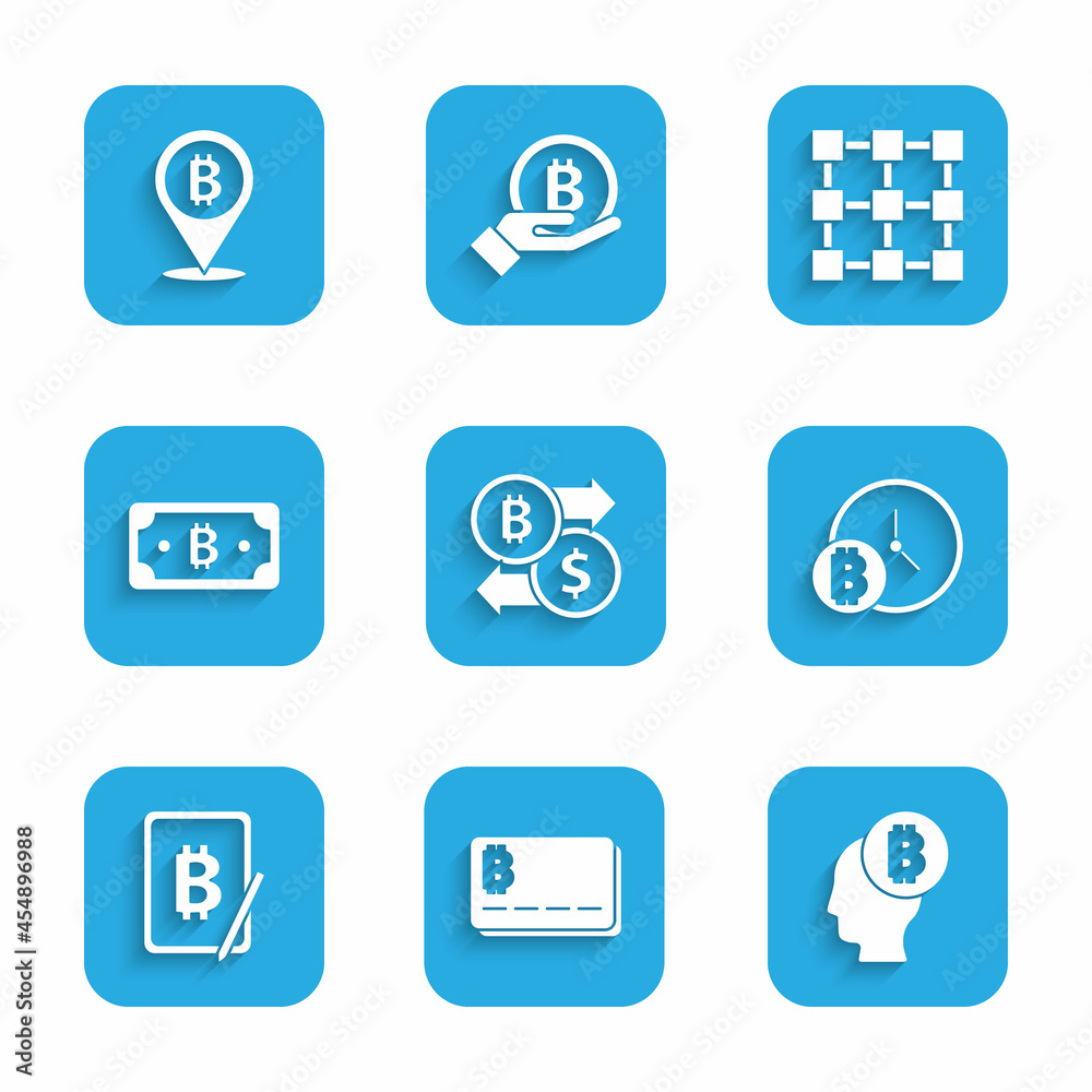 Set Cryptocurrency exchange, Credit card with bitcoin, Bitcoin think, clock, Mining from tablet, Blockchain technology and icon. Vector Set Cryptocurrency exchange, Credit card with bitcoin, Bitcoin think, clock, Mining from tablet, Blockchain technology and icon. Vector