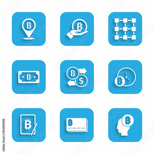 Set Cryptocurrency exchange, Credit card with bitcoin, Bitcoin think, clock, Mining from tablet, Blockchain technology and icon. Vector