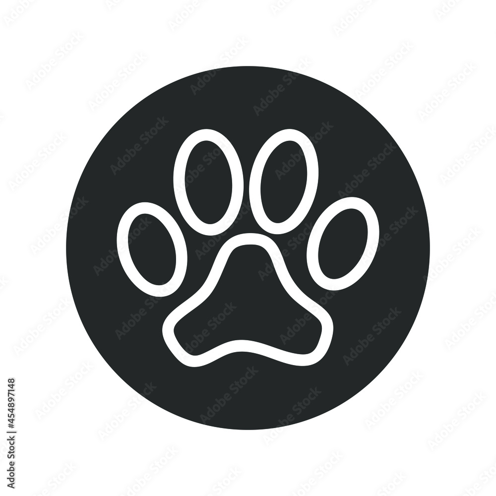 Paw print of animal graphic icon.  Paw in the circle sign isolated on white background. Vector illustration