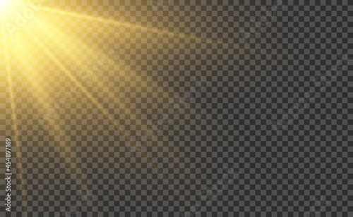 Sunlight realistic effect. Light ray or sun beam. Shiny magic sunset vector illustration