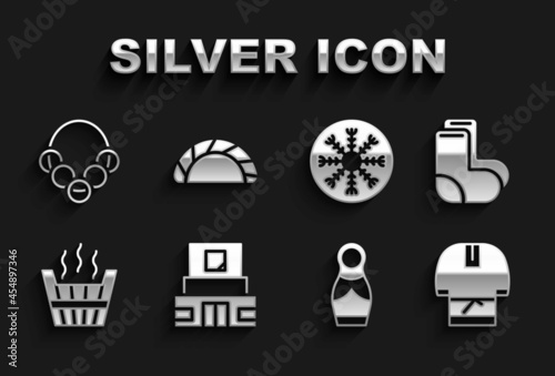 Set Mausoleum of Lenin, Valenki, Kosovorotka, Russian doll matryoshka, Sauna bucket, Snowflake, bagels and Dumpling icon. Vector