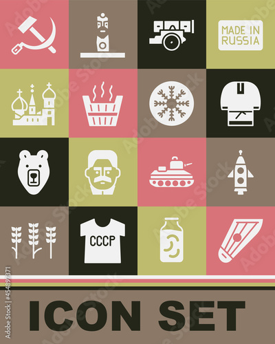 Set Kankles, Rocket ship, Kosovorotka, Cannon, Sauna bucket, Saint Basil's Cathedral, Hammer and sickle USSR and Snowflake icon. Vector