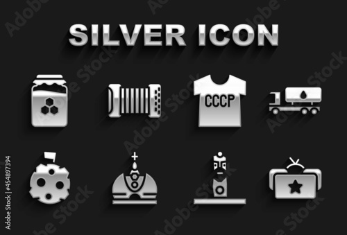 Set King crown, Tanker truck, Ushanka, Slavic pagan idol, Moon with flag, USSR t-shirt, Jar of honey and Accordion icon. Vector