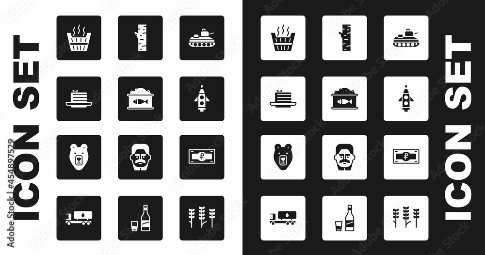 Set Military tank, Tin can with caviar, Medovik, Sauna bucket, Rocket ship, Birch tree, Russian ruble banknote and Bear head icon. Vector Set Military tank, Tin can with caviar, Medovik, Sauna bucket, Rocket ship, Birch tree, Russian ruble banknote and Bear head icon. Vector