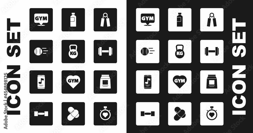 Set Sport expander, Kettlebell, Tennis ball, Location gym, Dumbbell, Fitness shaker, Sports nutrition and Music player icon. Vector Set Sport expander, Kettlebell, Tennis ball, Location gym, Dumbbell, Fitness shaker, Sports nutrition and Music player icon. Vector