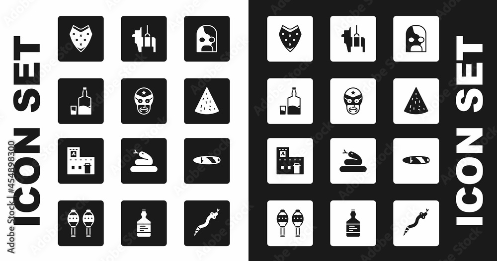 Set Mexican wrestler, Tequila bottle and glass, Poncho, Nachos, Pinata, Cigar and house icon. Vector Set Mexican wrestler, Tequila bottle and glass, Poncho, Nachos, Pinata, Cigar and house icon. Vector