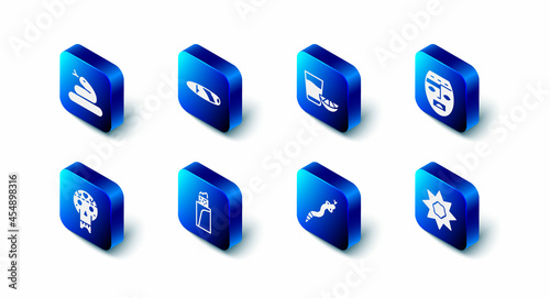 Set Cigar, Tequila glass with lemon, Aztec mask, Sun, Snake, Burrito, Mexican skull and icon. Vector