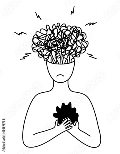 A man with a hole in his heart with tangled thoughts in his head. Silhouette of a sad depressive person, isolated on a white. The concept of internal problems, broken heart, loneliness. Vector.