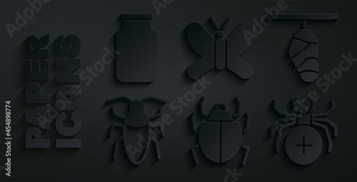 Set Mite, Butterfly cocoon, Cockroach, Spider, and Glass jar icon. Vector