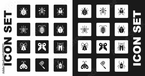 Set Beetle bug, Larva insect, Mosquito, Mite, and Clothes moth icon. Vector