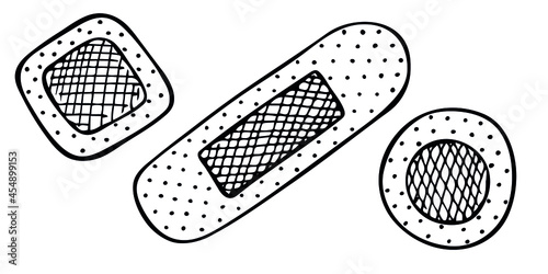 Vector sketch band aid isolated on white background.  Adhesive bandage as medical first aid concept. Hand drawn medical illustration. For print, web, design, decor, logo. 