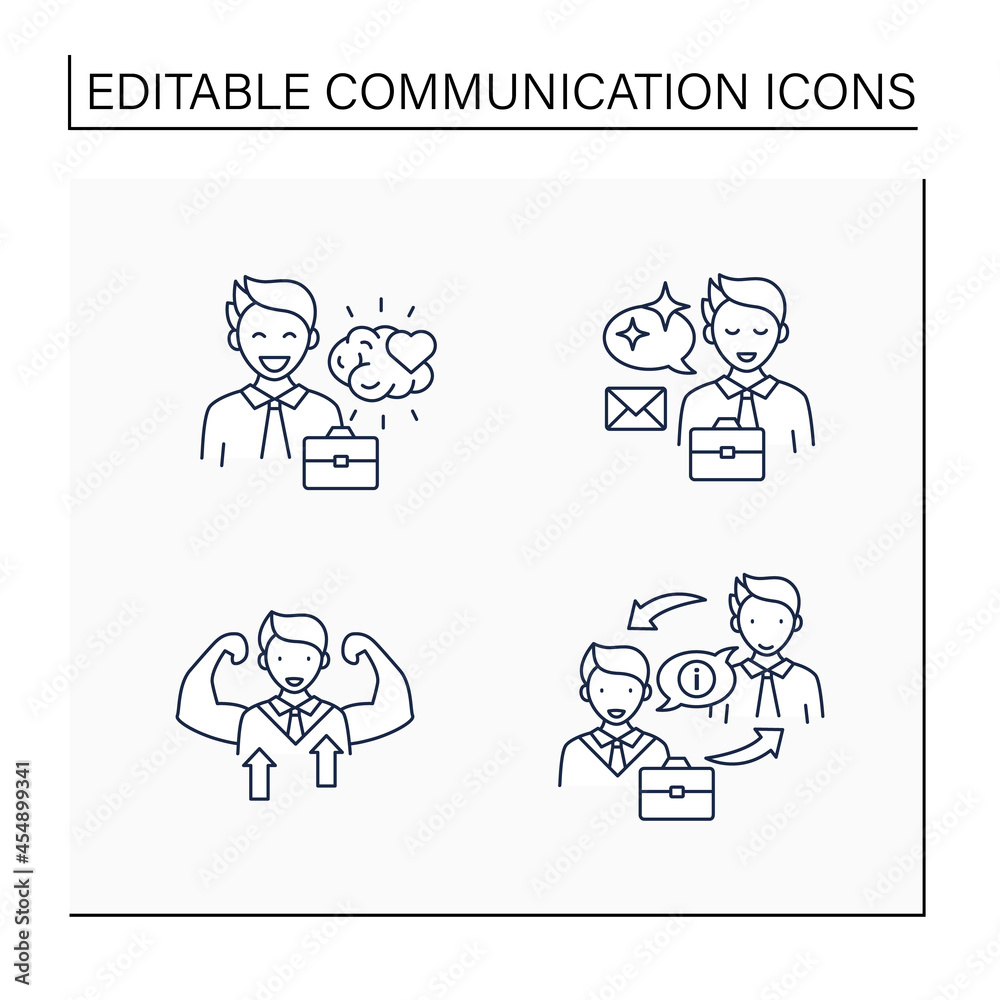 Effective communication line icons set. Emotional intelligence, self confidence, clear message, exchanging information. Intercourse concept. Isolated vector illustrations.Editable stroke