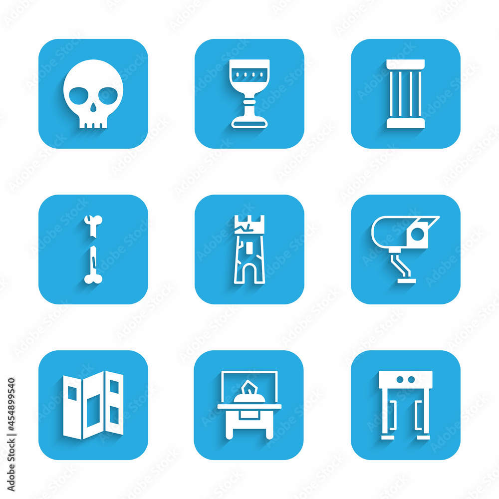 Set Castle tower, Glass showcase for exhibit, Metal detector, Security camera, Museum guide brochure, Human broken bone, Ancient column and skull icon. Vector Set Castle tower, Glass showcase for exhibit, Metal detector, Security camera, Museum guide brochure, Human broken bone, Ancient column and skull icon. Vector