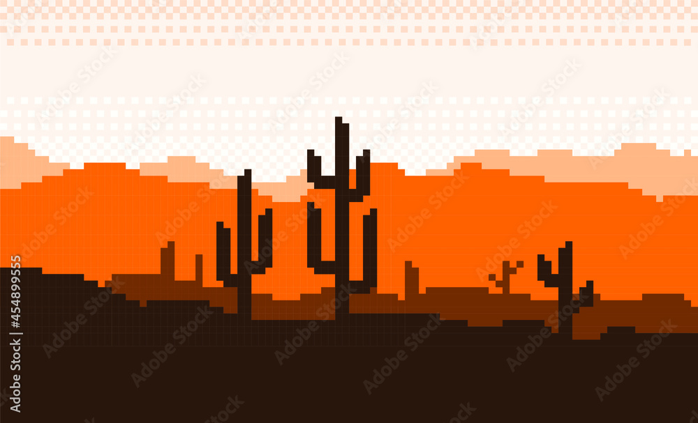 a desert pixel art image, it's hot in the afternoon and there's a shadow of an orange cactus tree