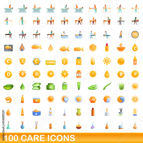 100 care icons set. Cartoon illustration of 100 care icons vector set isolated on white background