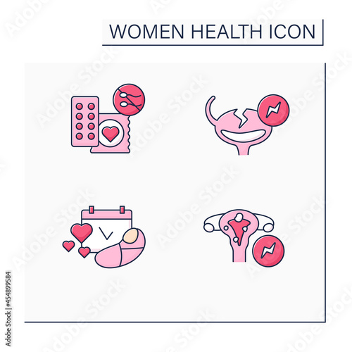 Women health color icons set.Reproductive system diseases. Birth control, bladder pain, family planning, fibroids. Healthcare concept. Isolated vector illustrations