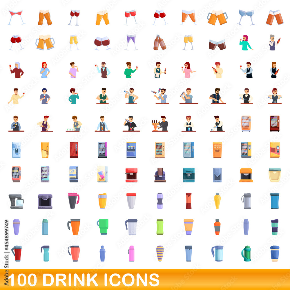 100 drink icons set. Cartoon illustration of 100 drink icons vector set isolated on white background 100 drink icons set. Cartoon illustration of 100 drink icons vector set isolated on white background
