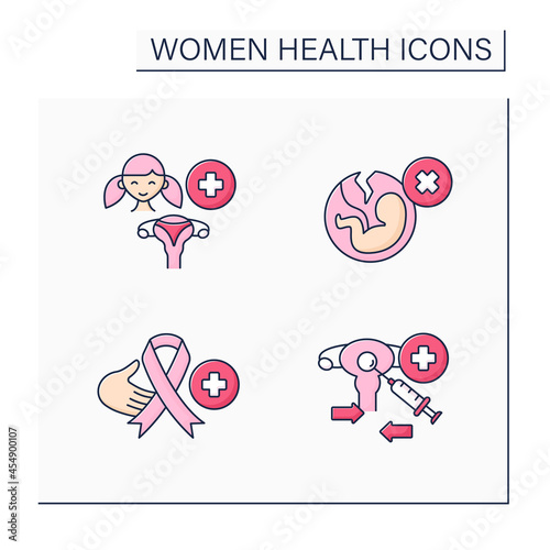 Women health color icons set.Reproductive system diseases. Adolescent gynecology, abortion, cancer, egg donation program. Healthcare concept. Isolated vector illustrations