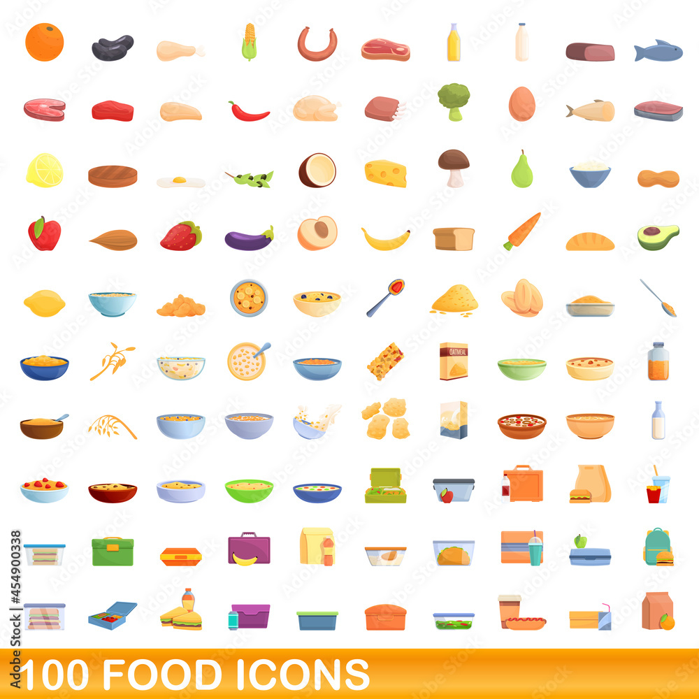 100 food icons set. Cartoon illustration of 100 food icons vector set isolated on white background 100 food icons set. Cartoon illustration of 100 food icons vector set isolated on white background