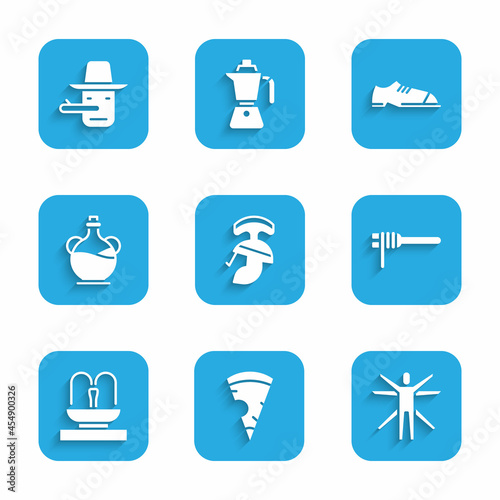 Set Roman army helmet, Slice of pizza, Vitruvian Man, Pasta spaghetti, Fountain, Bottle olive oil, Men shoes and Pinocchio icon. Vector