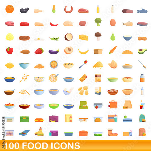 100 food icons set. Cartoon illustration of 100 food icons vector set isolated on white background