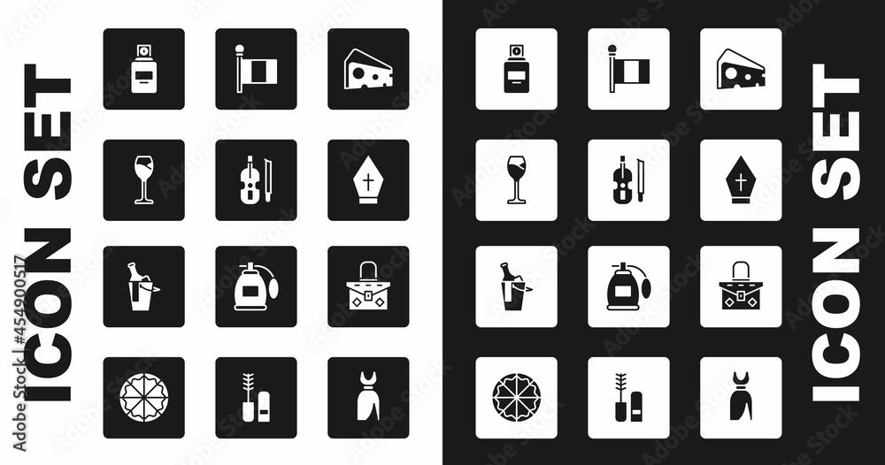 Set Cheese, Violin, Wine glass, Perfume, Pope hat, Flag Italy, Handbag and Bottle of wine bucket icon. Vector Set Cheese, Violin, Wine glass, Perfume, Pope hat, Flag Italy, Handbag and Bottle of wine bucket icon. Vector