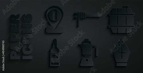 Set Coffee moca pot, Barrel for wine, Bottle olive oil, Pope hat, Pasta spaghetti and Location flag Italy icon. Vector
