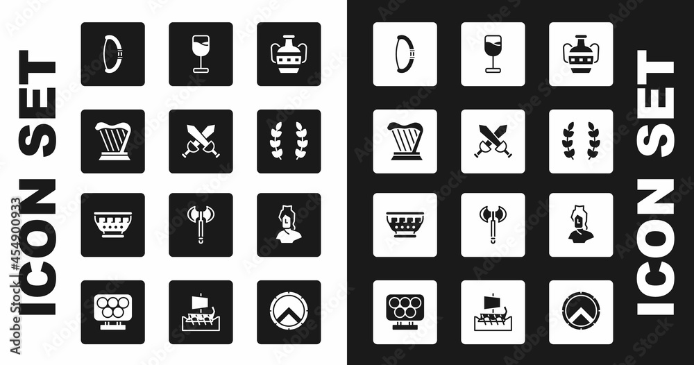 Set Ancient amphorae, Crossed medieval sword, Harp, Medieval bow, Laurel wreath, Wine glass, bust sculpture and Greek ancient bowl icon. Vector Set Ancient amphorae, Crossed medieval sword, Harp, Medieval bow, Laurel wreath, Wine glass, bust sculpture and Greek ancient bowl icon. Vector