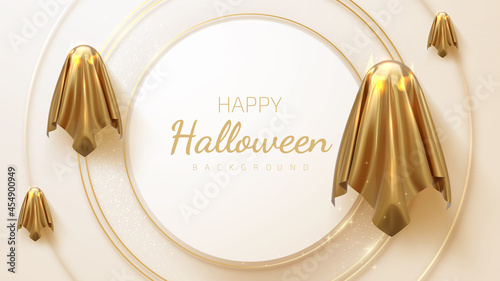 Golden spirit, modern ghost design, luxury 3d style halloween background. Realistic vector illustration.