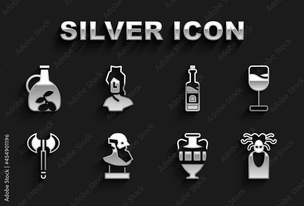 Set Ancient bust sculpture, Wine glass, Medusa Gorgon, amphorae, Medieval axe, Bottle of wine, olive oil and icon. Vector Set Ancient bust sculpture, Wine glass, Medusa Gorgon, amphorae, Medieval axe, Bottle of wine, olive oil and icon. Vector