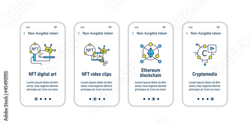 NFT onboarding mobile app screens. Non fungible token.Unique digital assets steps menu. Set of UI, UX, web template with RGB color linear icons
