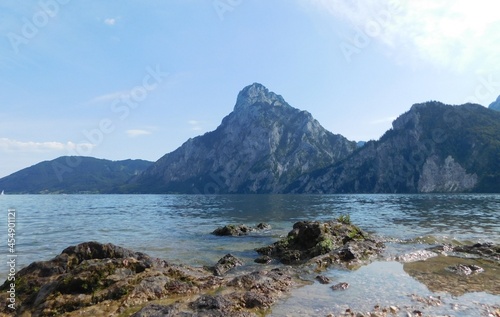 Traunsee lake in the Salzkammergut, Upper Austria, Austria, located at 47°52′N 13°48′E. Its surface is approximately 24.5 km2 and its maximum depth of 191 metres makes it the deepest and by volume lar photo