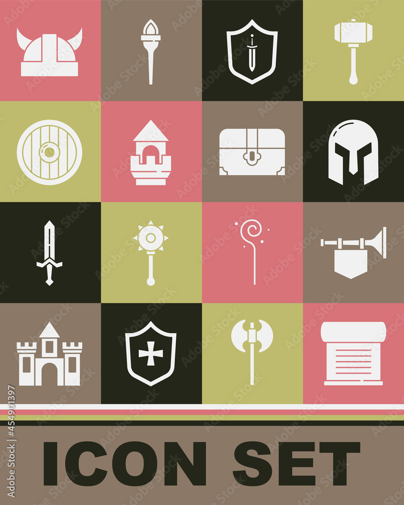 Set Decree, parchment, scroll, Trumpet with flag, Medieval iron helmet, shield sword, Castle tower, Round wooden, Viking in horned and Antique treasure chest icon. Vector Set Decree, parchment, scroll, Trumpet with flag, Medieval iron helmet, shield sword, Castle tower, Round wooden, Viking in horned and Antique treasure chest icon. Vector