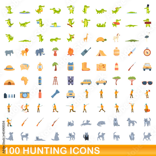 100 hunting icons set. Cartoon illustration of 100 hunting icons vector set isolated on white background