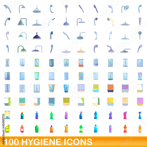 100 hygiene icons set. Cartoon illustration of 100 hygiene icons vector set isolated on white background