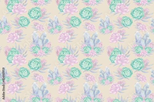 Decorative seamless pattern of illustrations of blue crystal and succulent flowers, green and pink