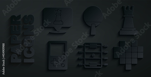 Set Hockey table, Chess, Tetris, Pixel hearts for game, Racket and icon. Vector