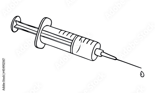 Syringe vector hand drawn outline doodle icon. Covid-19 Coronavirus vaccine. Medical injection syringe as using drugs or hospital service concept. For print, web, design, decor, logo. 