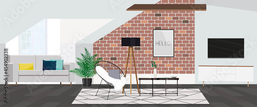 Interior design in loft style with brick wall and TV on the wall.
