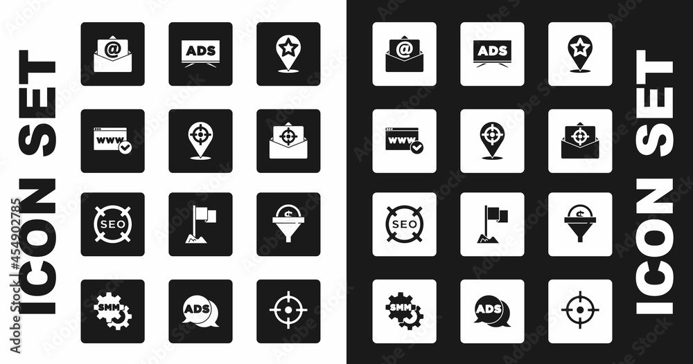 Set Map pointer with star, Target sport, Website template, Mail and e-mail, Advertising, Lead management and SEO optimization icon. Vector Set Map pointer with star, Target sport, Website template, Mail and e-mail, Advertising, Lead management and SEO optimization icon. Vector