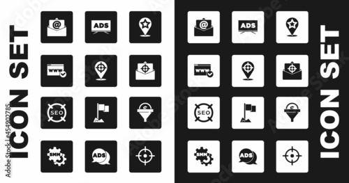 Set Map pointer with star, Target sport, Website template, Mail and e-mail, Advertising, Lead management and SEO optimization icon. Vector