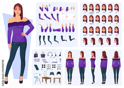 Fototapeta Naklejka Na Ścianę i Meble -  Set of Cartoon Vector Illustrations for Trendy Woman Character Creation with Front, Side, Back View