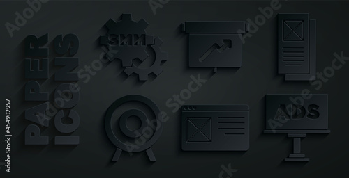 Set Browser window, Target sport, Advertising, Board with graph chart and Social media marketing icon. Vector