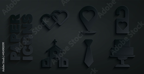 Set Tie, Please do not disturb, Church building, Wedding cake, Location with heart and Two Linked Hearts icon. Vector