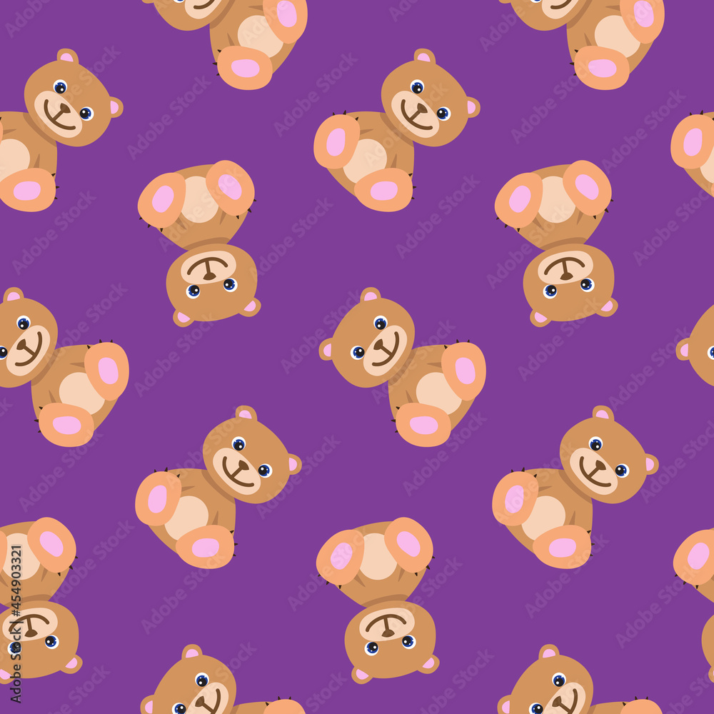 Seamless pattern with cute brown teddy bear in pastel colors. Baby illustration. Cartoon print for kids. Perfect for children clothes, textile, nursery wallpaper, gift wrap, greeting cards