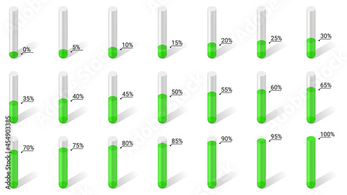 Set of flasks for infographics. The liquid is green. Percentages from 0 to 100 in increments of 5. Vector illustration.