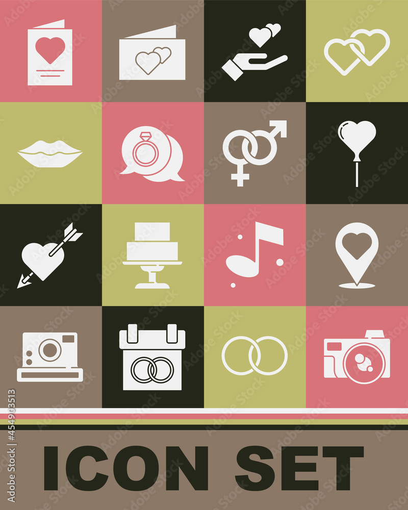 Set Photo camera, Location with heart, Balloons in form of, Heart hand, Diamond engagement ring, Smiling lips, Greeting card and Gender icon. Vector Set Photo camera, Location with heart, Balloons in form of, Heart hand, Diamond engagement ring, Smiling lips, Greeting card and Gender icon. Vector