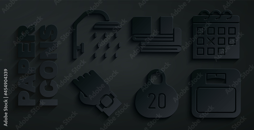Set Kettlebell, Calendar fitness, Smart watch on hand, Bathroom scales, Towel stack and Shower head icon. Vector Set Kettlebell, Calendar fitness, Smart watch on hand, Bathroom scales, Towel stack and Shower head icon. Vector