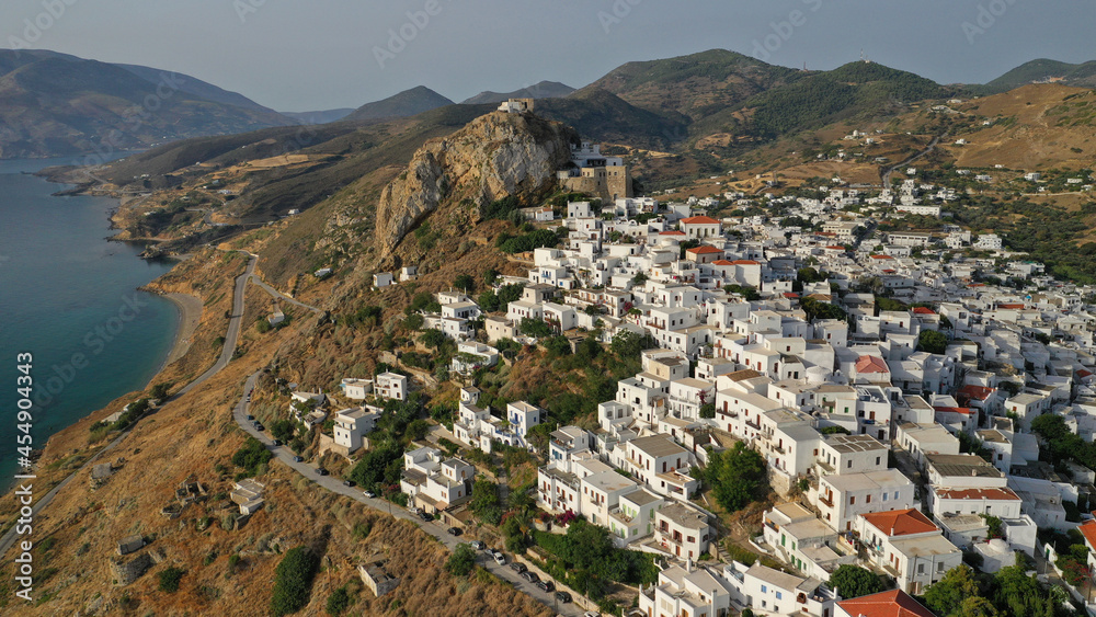 Aerial drone photo of breathtaking and picturesque main village of Skyros island featuring uphill medieval castle with scenic views to Aegean sea at sunset, Sporades islands, Greece