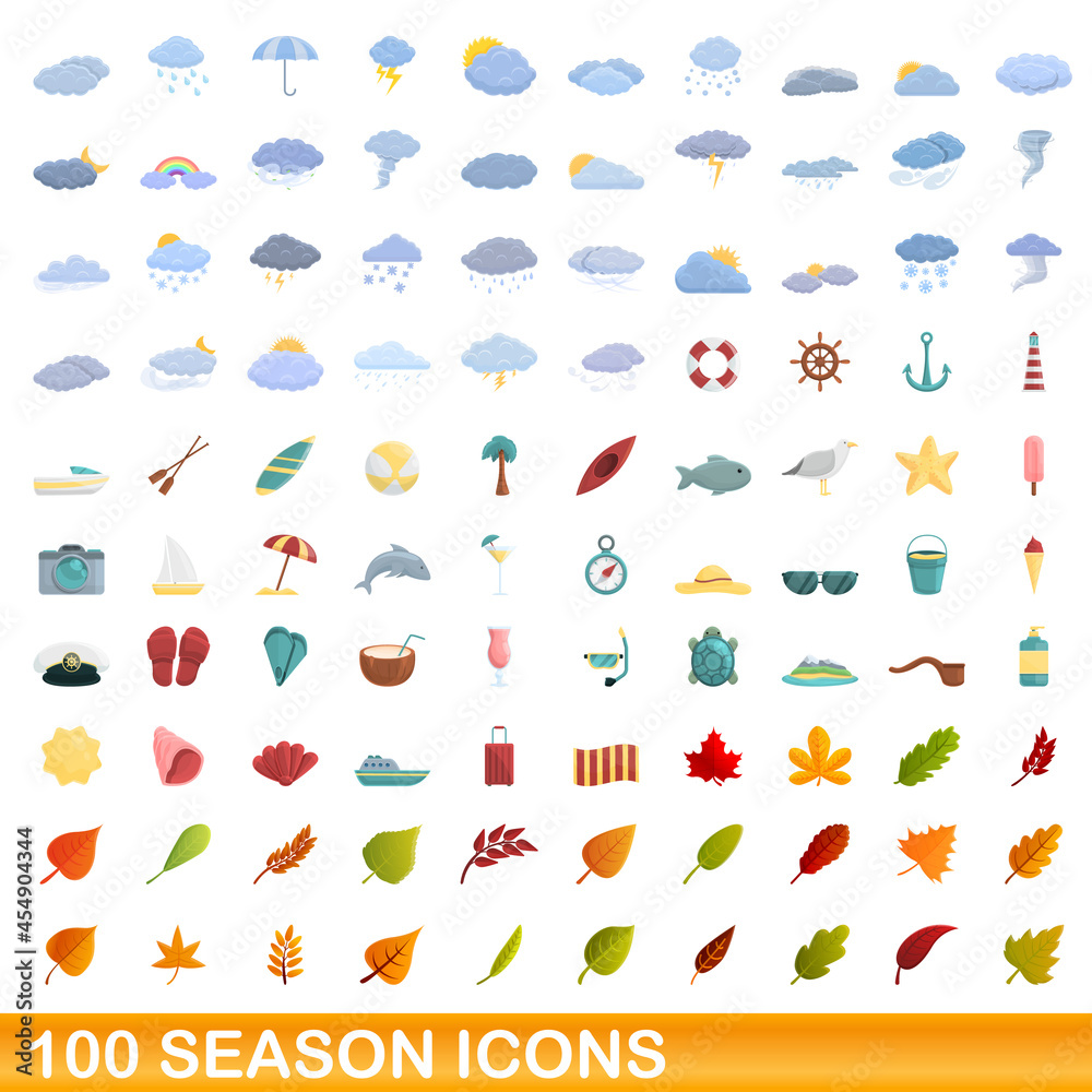 100 season icons set. Cartoon illustration of 100 season icons vector set isolated on white background